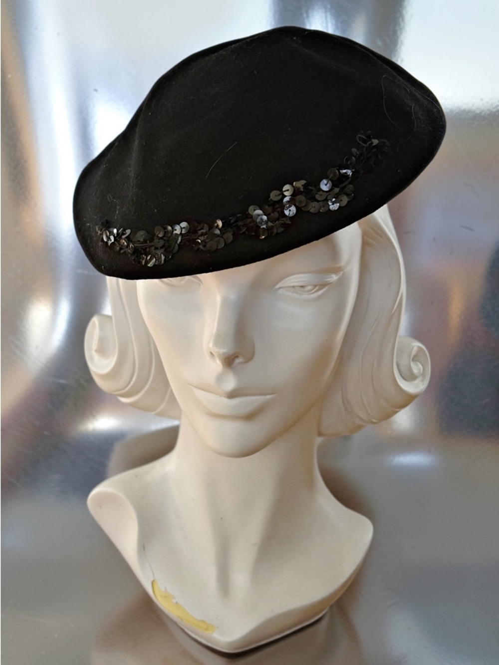 Vintage Black Structured Beret  with Sequin Trim - Women Accessories